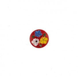 RED GLASS BUTTON IN FLORAL MOTIF