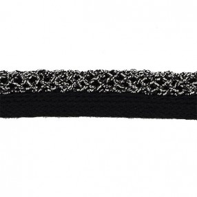 BLACK PIPING CORD BRAIDED WITH METALLIC  THREAD - SILVER