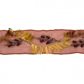 WIRE EDGE DECORATIVE RIBBON WITH FRINGE AND BEADS - BORDEAUX