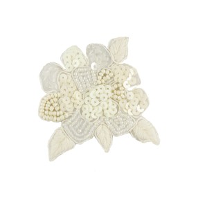 IRON-ON FLOWER EMBROIDERED MOTIF WITH SEQUINS AND BEADS - WHITE