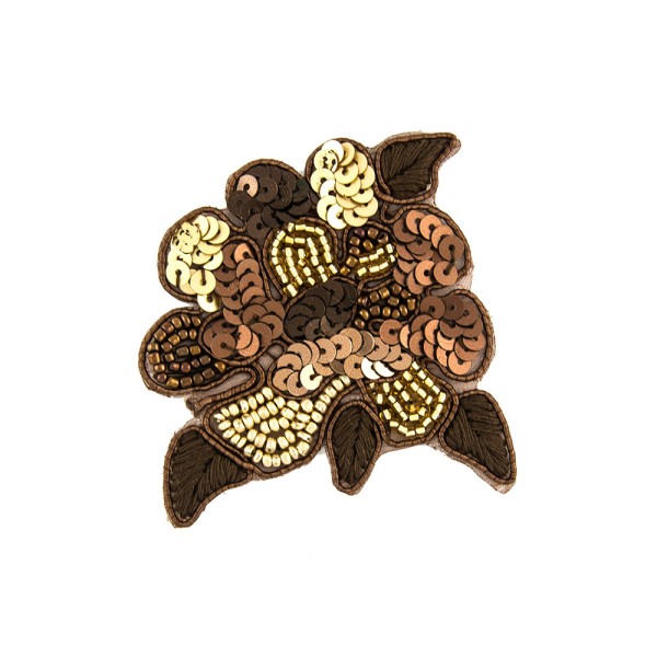 IRON-ON FLOWER EMBROIDERED MOTIF WITH SEQUINS AND BEADS - BROWN