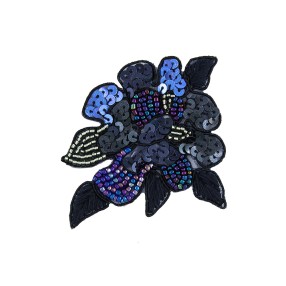 IRON-ON FLOWER EMBROIDERED MOTIF WITH SEQUINS AND BEADS - BLUE