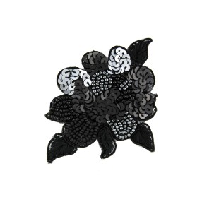 IRON-ON FLOWER EMBROIDERED MOTIF WITH SEQUINS AND BEADS - BLACK