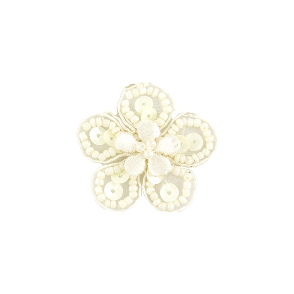 IRON-ON FLOWER EMBROIDERED MOTIF WITH SEQUINS AND BEADS - CREAM