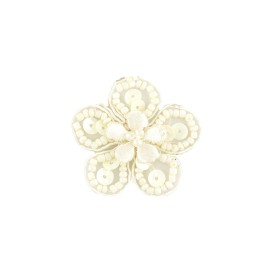 IRON-ON FLOWER EMBROIDERED MOTIF WITH SEQUINS AND BEADS - CREAM