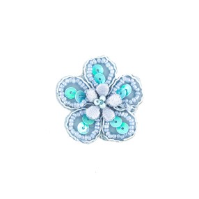 IRON-ON FLOWER EMBROIDERED MOTIF WITH SEQUINS AND BEADS - LIGHT BLUE