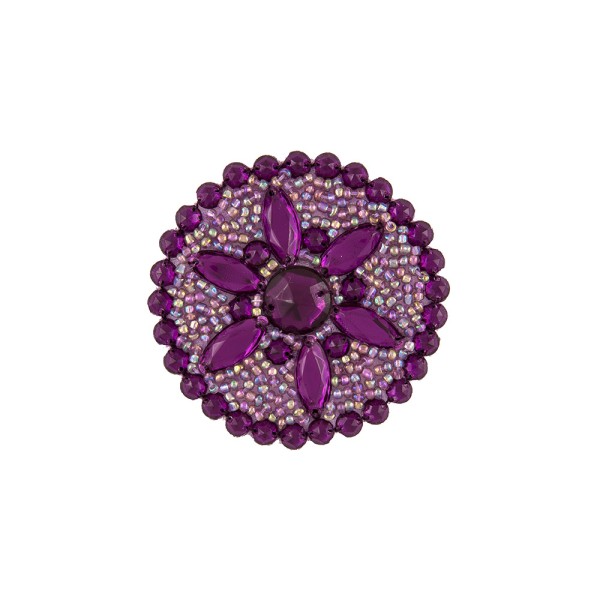 IRON-ON MEDALLION FLOWER EMBROIDERED MOTIF WITH SEQUINS AND BEADS - PURPLE