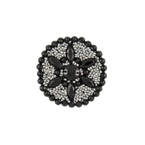 IRON-ON MEDALLION FLOWER EMBROIDERED MOTIF WITH SEQUINS AND BEADS - BLACK