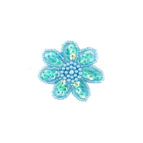IRON-ON FLOWER EMBROIDERED MOTIF WITH SEQUINS AND BEADS - LIGHT BLUE