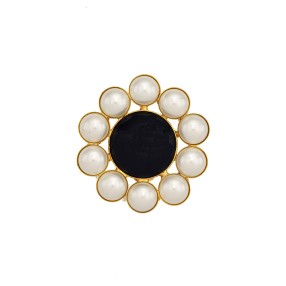 METAL BUTTON SHAPE FLOWER WITH PEARL - WHITE-BLACK