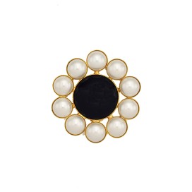 METAL BUTTON SHAPE FLOWER WITH PEARL - WHITE-BLACK