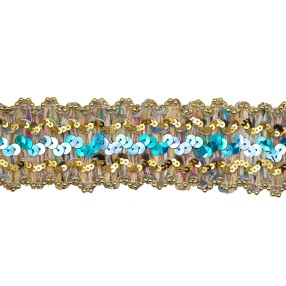 ELASTIC BRAIDED TRIMMING WITH SEQUINS - GOLD-TURQUOISE