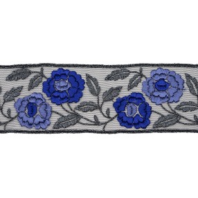 FLORAL INSERT METALLIC MACRAME LACE TRIMMING 55MM - BLUE