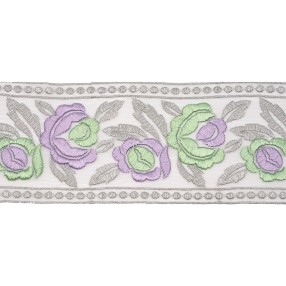 FLORAL INSERT METALLIC MACRAME LACE TRIMMING 75MM - GREEN-LILAC