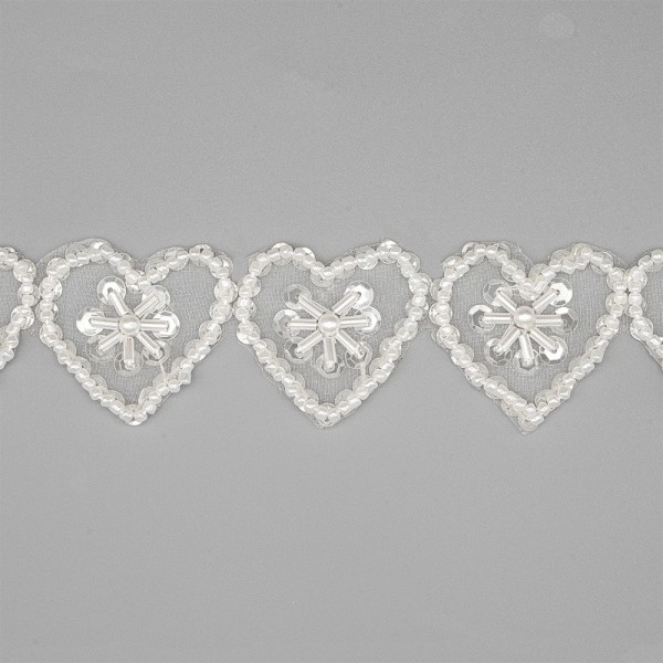 HEART TRIMMING WITH SEQUIN AND BEADS 30MM - WHITE